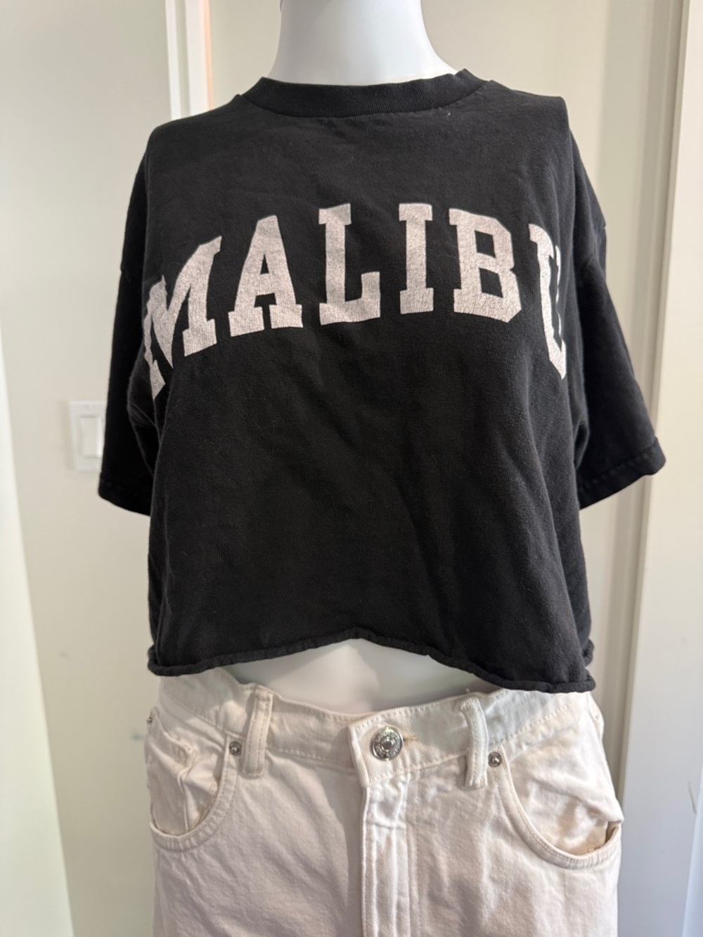 Brandy Melville - John Galt Black Crop Top with White MALIBU Graphic
